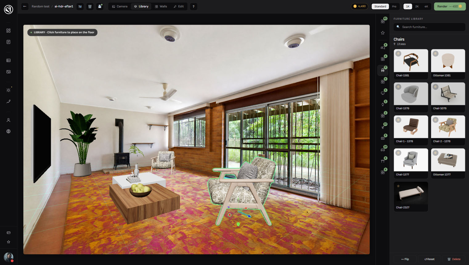 The Floorplanbase 3D staging editor: a furnished living room rendered in true perspective — armchairs, a coffee table and a plant placed over the photo — with the furniture library open on the right and a Render button showing its token cost
