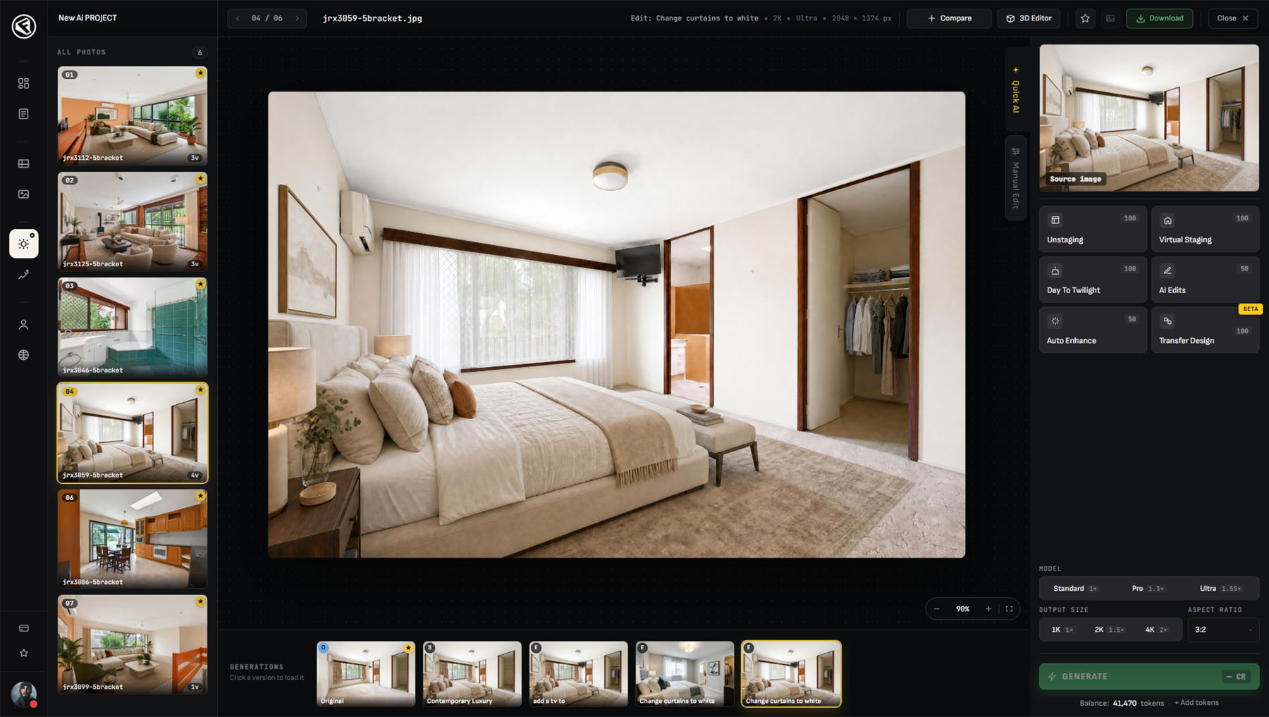 The Floorplanbase AI editor with HDR editing, virtual staging and day-to-twilight tools